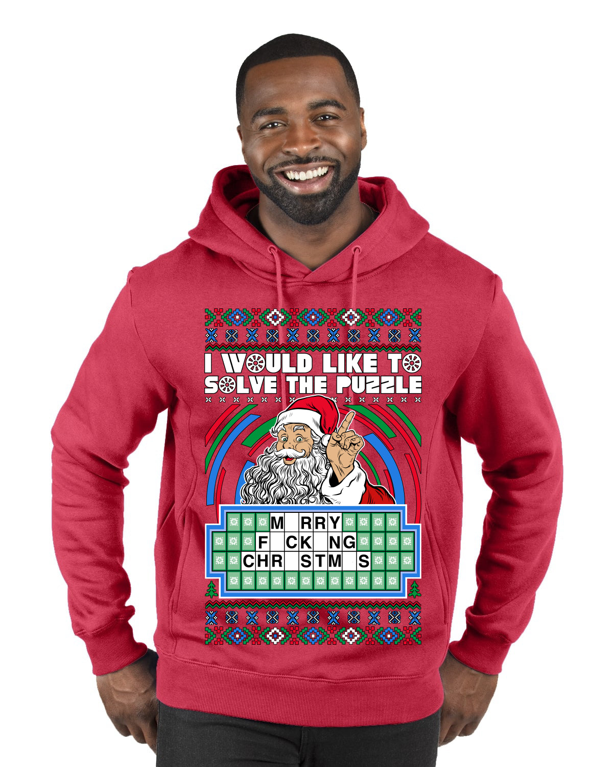 Santa Game Show I'd Like To Solve the Puzzle Wheel Ugly Christmas Sweater, Christmas Gifts, Funny Xmas Gift Idea, Premium Graphic Hoodie Sweatshirt