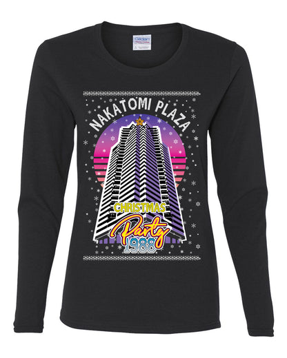 Retro Nakatomi Plaza 1988 Holiday Party, Xmas Movie, Christmas Gifts, Funny Xmas Gift Idea, Ugly Christmas  Womens Graphic Long Sleeve T-Shirt