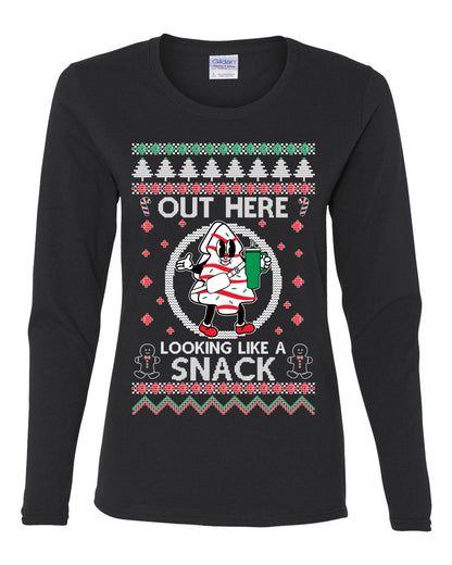 Out Here Looking Like A Snack Cookie, Funny Christmas, Christmas Gifts, Funny Xmas Gift Idea, Ugly Christmas  Womens Graphic Long Sleeve T-Shirt