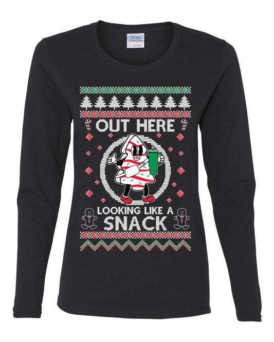 Out Here Looking Like A Snack Cookie, Funny Christmas, Christmas Gifts, Funny Xmas Gift Idea, Ugly Christmas  Womens Graphic Long Sleeve T-Shirt