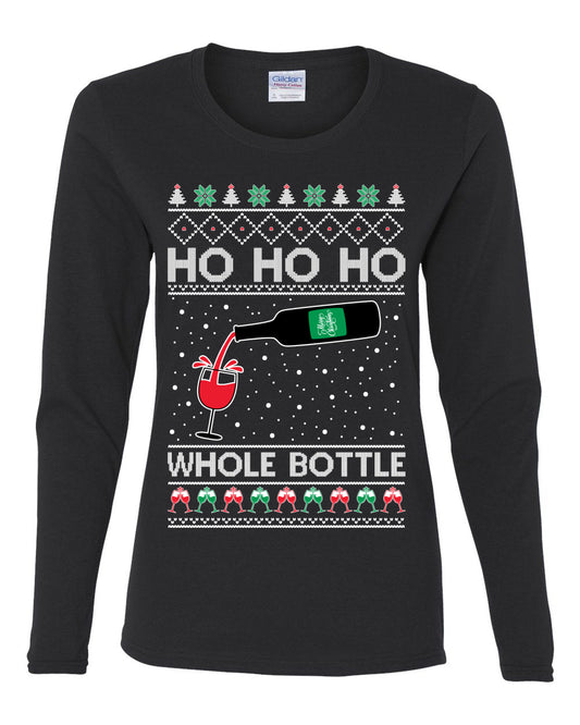 Ho Ho Ho Whole Bottle Wine Spirits, Christmas Gifts, Funny Xmas Gift Idea, Ugly Christmas  Womens Graphic Long Sleeve T-Shirt