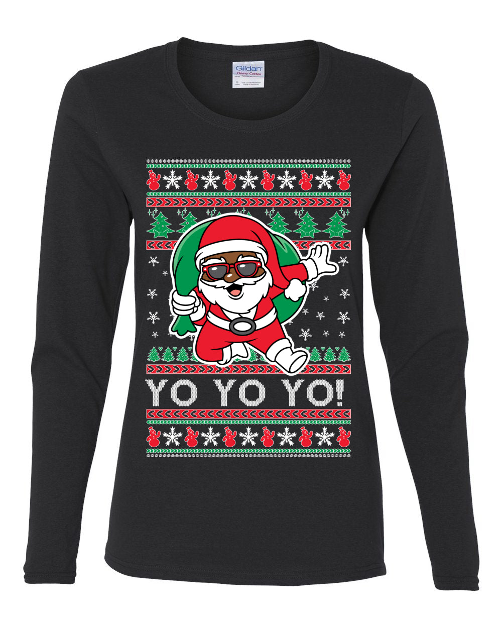 Yo Yo Yo Black Santa, Christmas Gifts, Funny Xmas Gift Idea, Ugly Christmas  Womens Graphic Long Sleeve T-Shirt