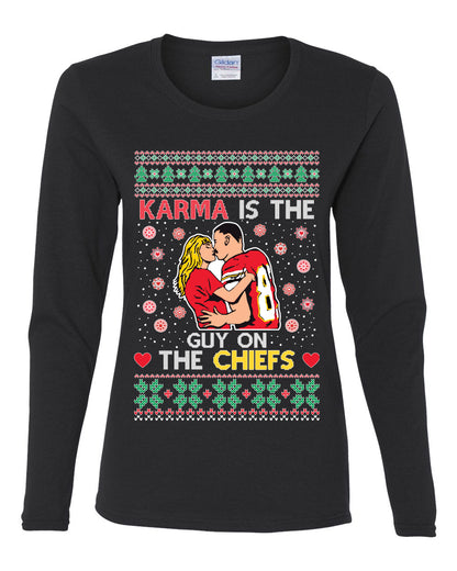 Karma is the Guy on the Football Team, Christmas Gifts, Funny Xmas Gift Idea, Ugly Christmas  Womens Graphic Long Sleeve T-Shirt