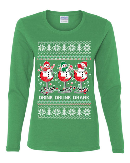 Holiday Spirits Drink Drank Drunk Snowmen, Christmas Gifts, Funny Xmas Gift Idea, Ugly Christmas  Womens Graphic Long Sleeve T-Shirt