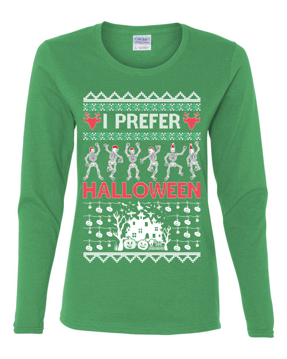 I Prefer Halloween Dancing Skeletons, Xmas Dancers, Christmas Gifts, Funny Xmas Gift Idea, Ugly Christmas  Womens Graphic Long Sleeve T-Shirt