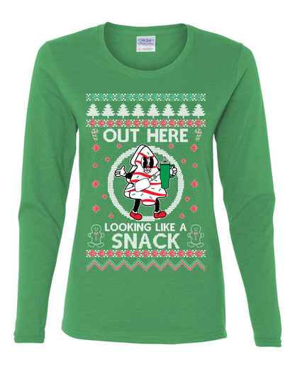 Out Here Looking Like A Snack Cookie, Funny Christmas, Christmas Gifts, Funny Xmas Gift Idea, Ugly Christmas  Womens Graphic Long Sleeve T-Shirt