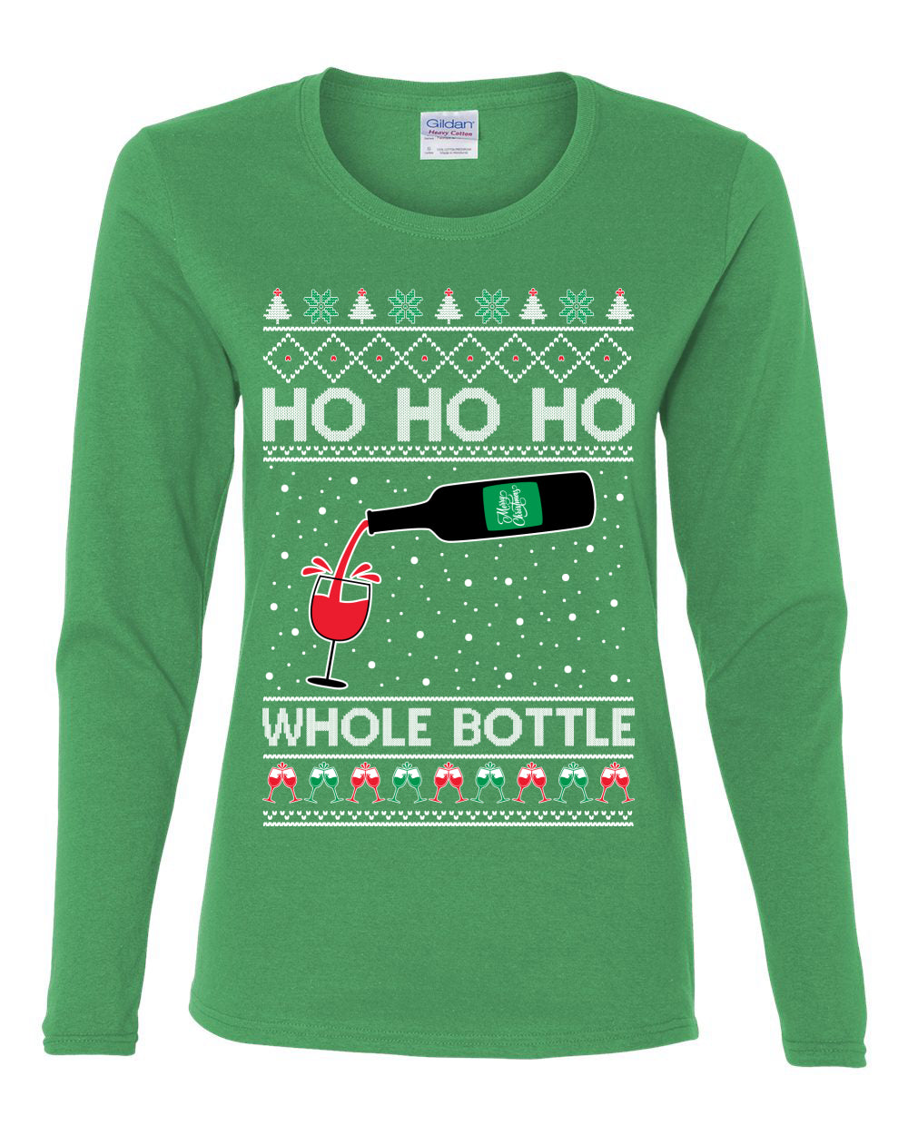 Ho Ho Ho Whole Bottle Wine Spirits, Christmas Gifts, Funny Xmas Gift Idea, Ugly Christmas  Womens Graphic Long Sleeve T-Shirt