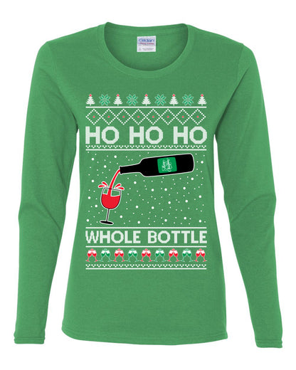 Ho Ho Ho Whole Bottle Wine Spirits, Christmas Gifts, Funny Xmas Gift Idea, Ugly Christmas  Womens Graphic Long Sleeve T-Shirt