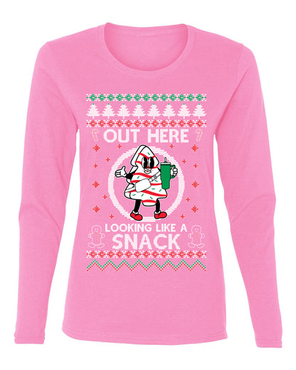 Out Here Looking Like A Snack Cookie, Funny Christmas, Christmas Gifts, Funny Xmas Gift Idea, Ugly Christmas  Womens Graphic Long Sleeve T-Shirt