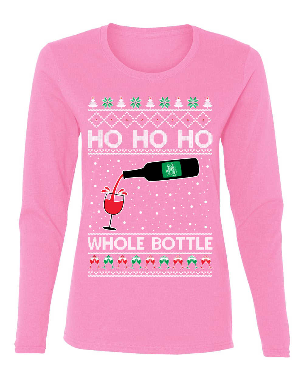 Ho Ho Ho Whole Bottle Wine Spirits, Christmas Gifts, Funny Xmas Gift Idea, Ugly Christmas  Womens Graphic Long Sleeve T-Shirt