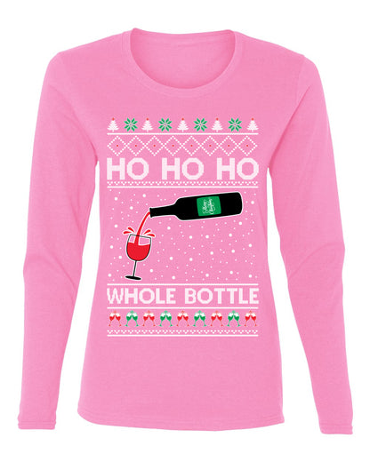 Ho Ho Ho Whole Bottle Wine Spirits, Christmas Gifts, Funny Xmas Gift Idea, Ugly Christmas  Womens Graphic Long Sleeve T-Shirt