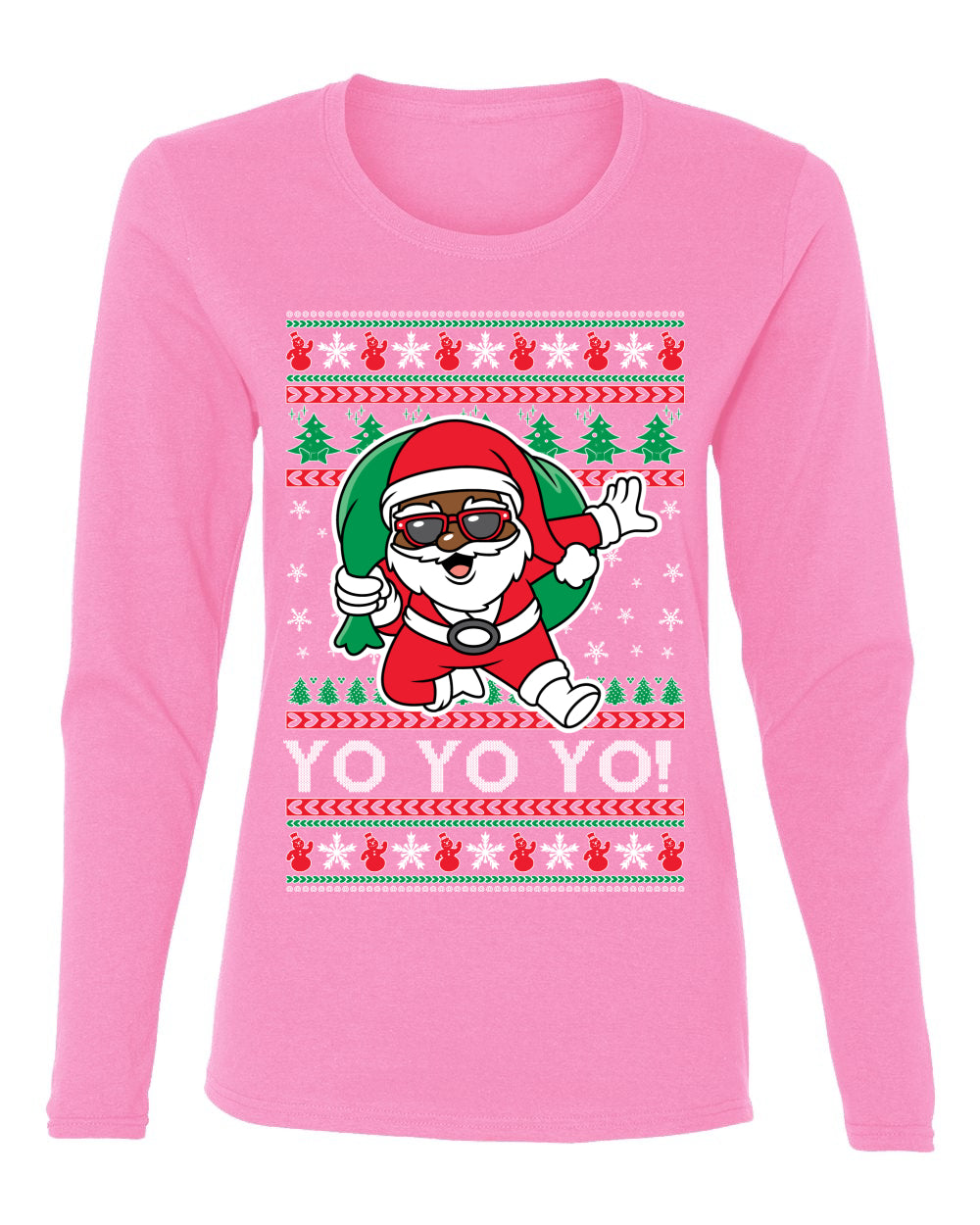 Yo Yo Yo Black Santa, Christmas Gifts, Funny Xmas Gift Idea, Ugly Christmas  Womens Graphic Long Sleeve T-Shirt