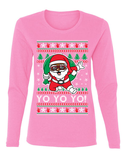 Yo Yo Yo Black Santa, Christmas Gifts, Funny Xmas Gift Idea, Ugly Christmas  Womens Graphic Long Sleeve T-Shirt