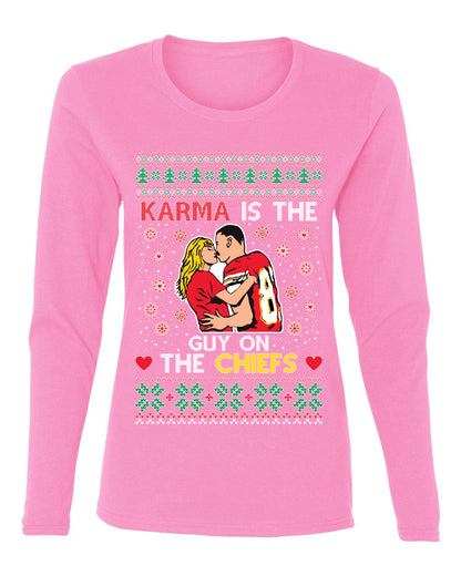 Karma is the Guy on the Football Team, Christmas Gifts, Funny Xmas Gift Idea, Ugly Christmas  Womens Graphic Long Sleeve T-Shirt