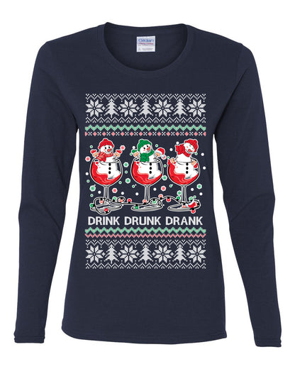 Holiday Spirits Drink Drank Drunk Snowmen, Christmas Gifts, Funny Xmas Gift Idea, Ugly Christmas  Womens Graphic Long Sleeve T-Shirt