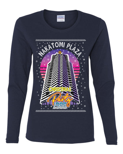 Retro Nakatomi Plaza 1988 Holiday Party, Xmas Movie, Christmas Gifts, Funny Xmas Gift Idea, Ugly Christmas  Womens Graphic Long Sleeve T-Shirt