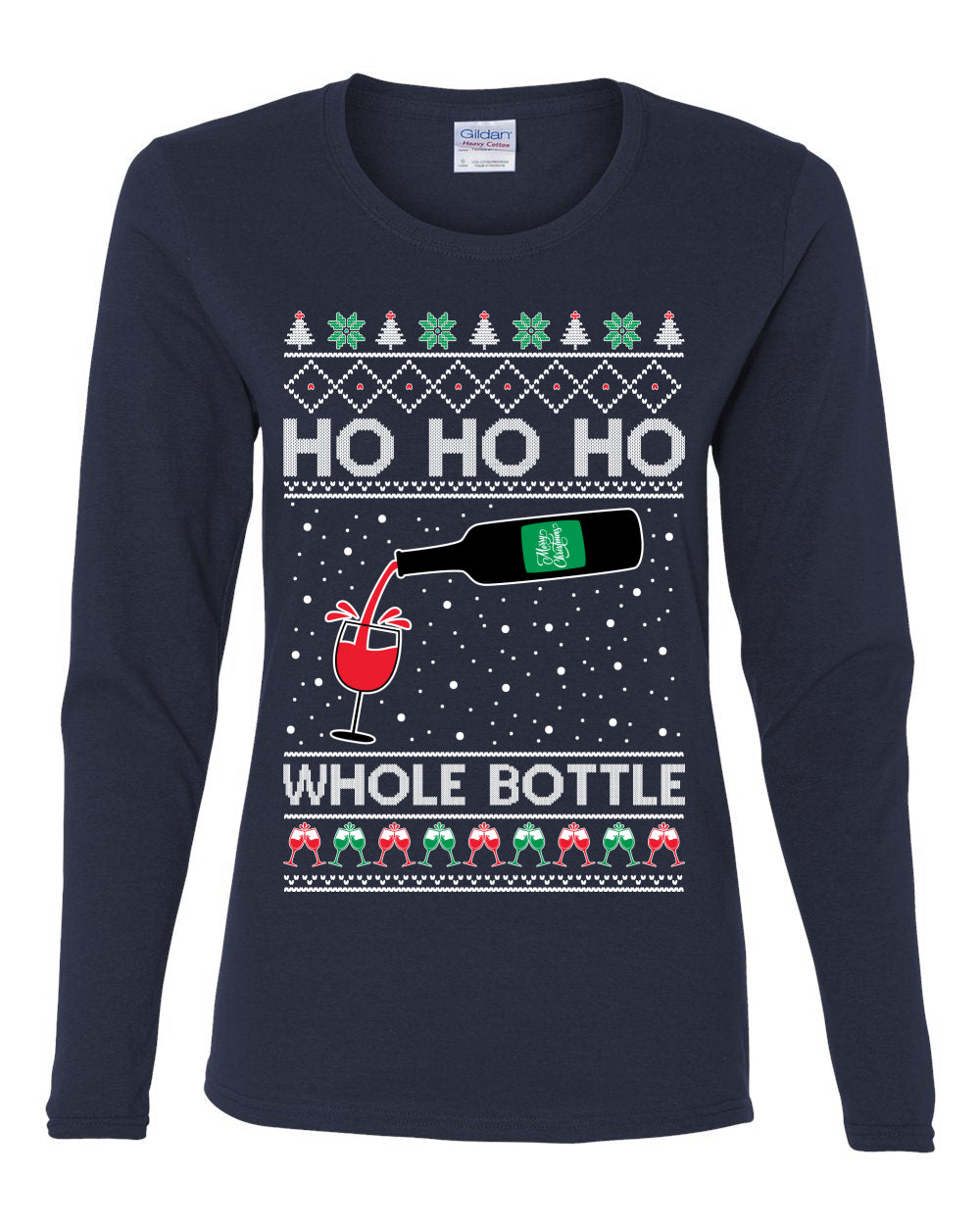Ho Ho Ho Whole Bottle Wine Spirits, Christmas Gifts, Funny Xmas Gift Idea, Ugly Christmas  Womens Graphic Long Sleeve T-Shirt