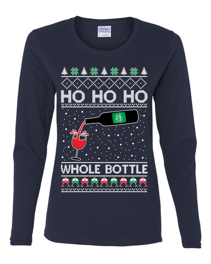 Ho Ho Ho Whole Bottle Wine Spirits, Christmas Gifts, Funny Xmas Gift Idea, Ugly Christmas  Womens Graphic Long Sleeve T-Shirt