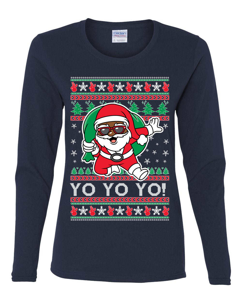 Yo Yo Yo Black Santa, Christmas Gifts, Funny Xmas Gift Idea, Ugly Christmas  Womens Graphic Long Sleeve T-Shirt