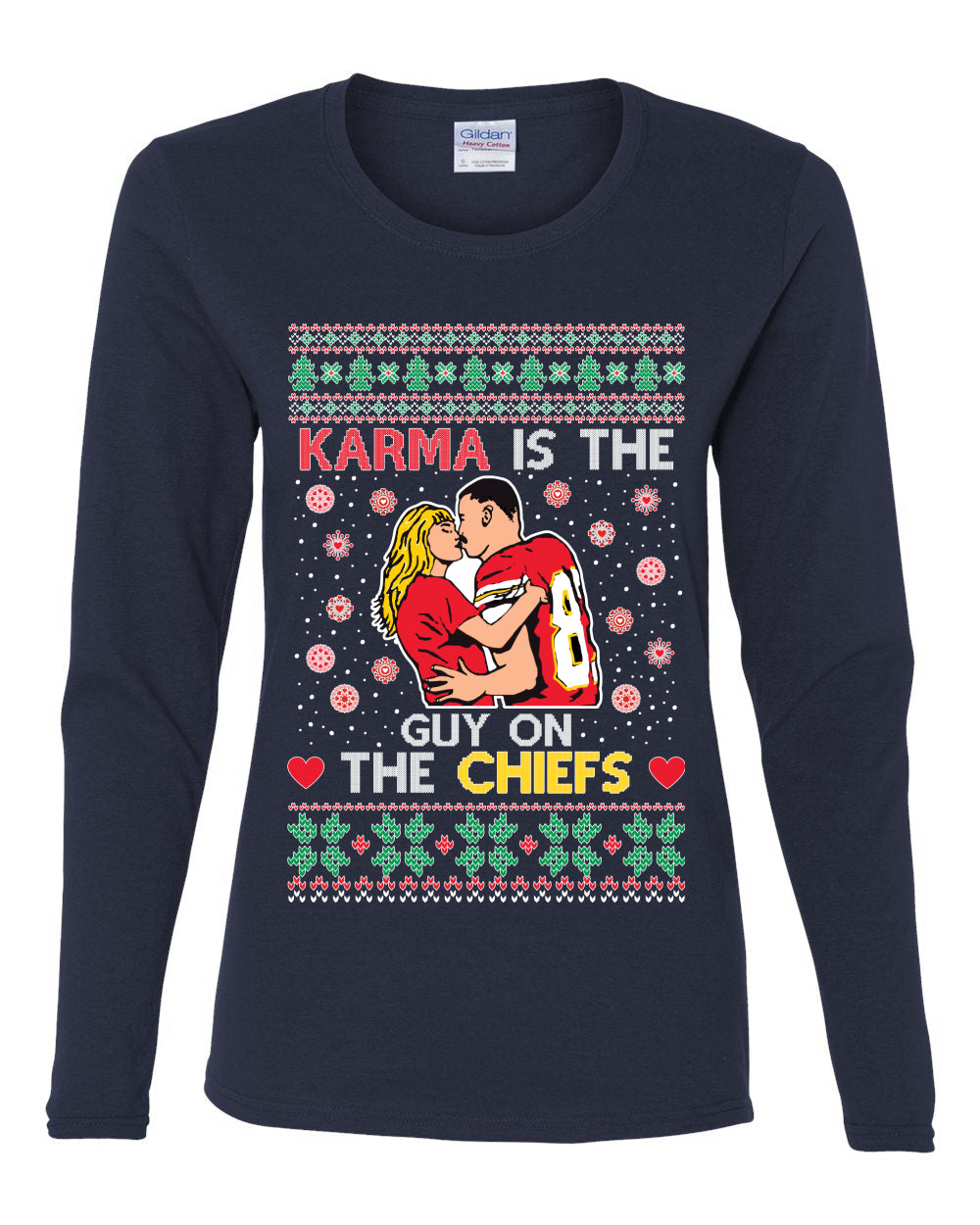Karma is the Guy on the Football Team, Christmas Gifts, Funny Xmas Gift Idea, Ugly Christmas  Womens Graphic Long Sleeve T-Shirt