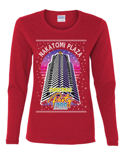 Retro Nakatomi Plaza 1988 Holiday Party, Xmas Movie, Christmas Gifts, Funny Xmas Gift Idea, Ugly Christmas  Womens Graphic Long Sleeve T-Shirt