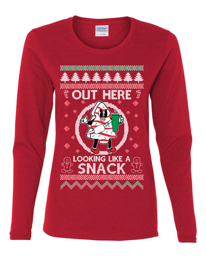 Out Here Looking Like A Snack Cookie, Funny Christmas, Christmas Gifts, Funny Xmas Gift Idea, Ugly Christmas  Womens Graphic Long Sleeve T-Shirt
