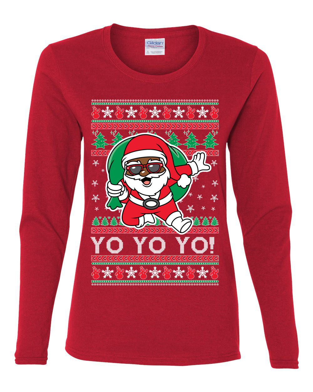 Yo Yo Yo Black Santa, Christmas Gifts, Funny Xmas Gift Idea, Ugly Christmas  Womens Graphic Long Sleeve T-Shirt