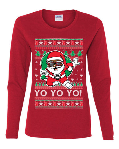 Yo Yo Yo Black Santa, Christmas Gifts, Funny Xmas Gift Idea, Ugly Christmas  Womens Graphic Long Sleeve T-Shirt