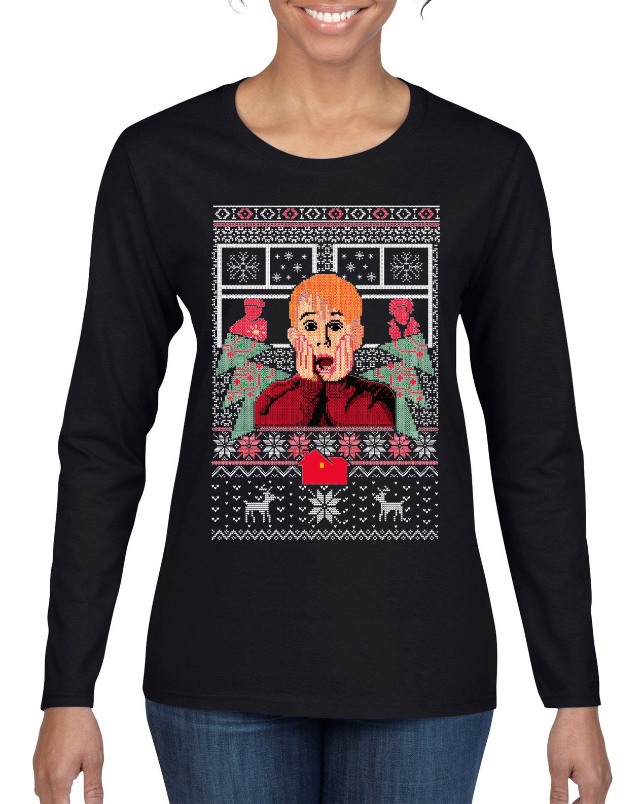 Kevin Merry Xmas Movie Fan, Christmas Gifts, Funny Xmas Gift Idea, Ugly Christmas Sweater Womens Graphic Long Sleeve T-Shirt