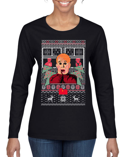 Kevin Merry Xmas Movie Fan, Christmas Gifts, Funny Xmas Gift Idea, Ugly Christmas Sweater Womens Graphic Long Sleeve T-Shirt