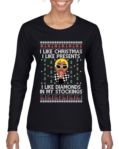 I Like Christmas, I like Presents Cardi, Christmas Gifts, Funny Xmas Gift Idea, Ugly Christmas Sweater Womens Graphic Long Sleeve T-Shirt