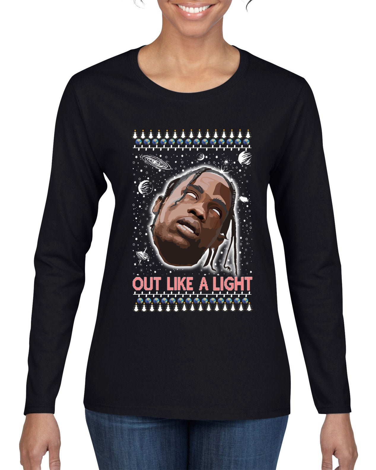 Out Like a Light, Christmas Gifts, Funny Xmas Gift Idea, Ugly Christmas Sweater Womens Graphic Long Sleeve T-Shirt