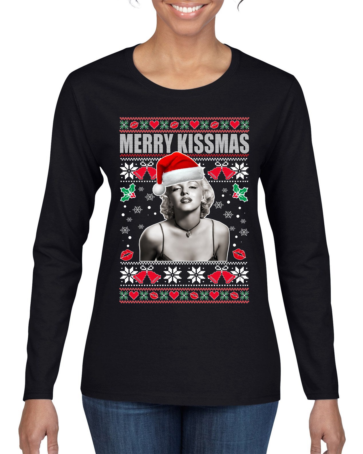 Merry Kissmas Marilyn Monroe, Christmas Gifts, Funny Xmas Gift Idea, Ugly Christmas Sweater Womens Graphic Long Sleeve T-Shirt
