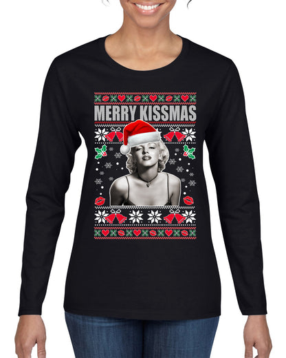 Merry Kissmas Marilyn Monroe, Christmas Gifts, Funny Xmas Gift Idea, Ugly Christmas Sweater Womens Graphic Long Sleeve T-Shirt