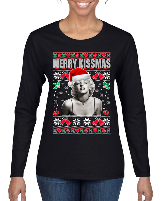 Merry Kissmas Marilyn Monroe, Christmas Gifts, Funny Xmas Gift Idea, Ugly Christmas Sweater Womens Graphic Long Sleeve T-Shirt