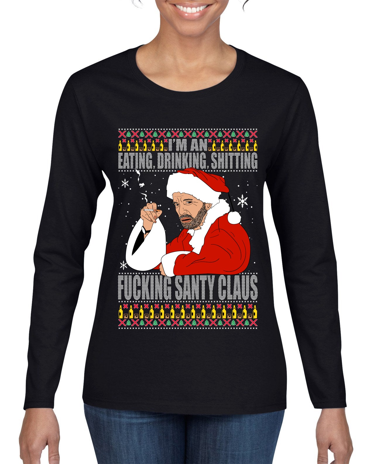 Bad Santa Fucking Santy Claus, Christmas Gifts, Funny Xmas Gift Idea, Ugly Christmas Sweater Womens Graphic Long Sleeve T-Shirt