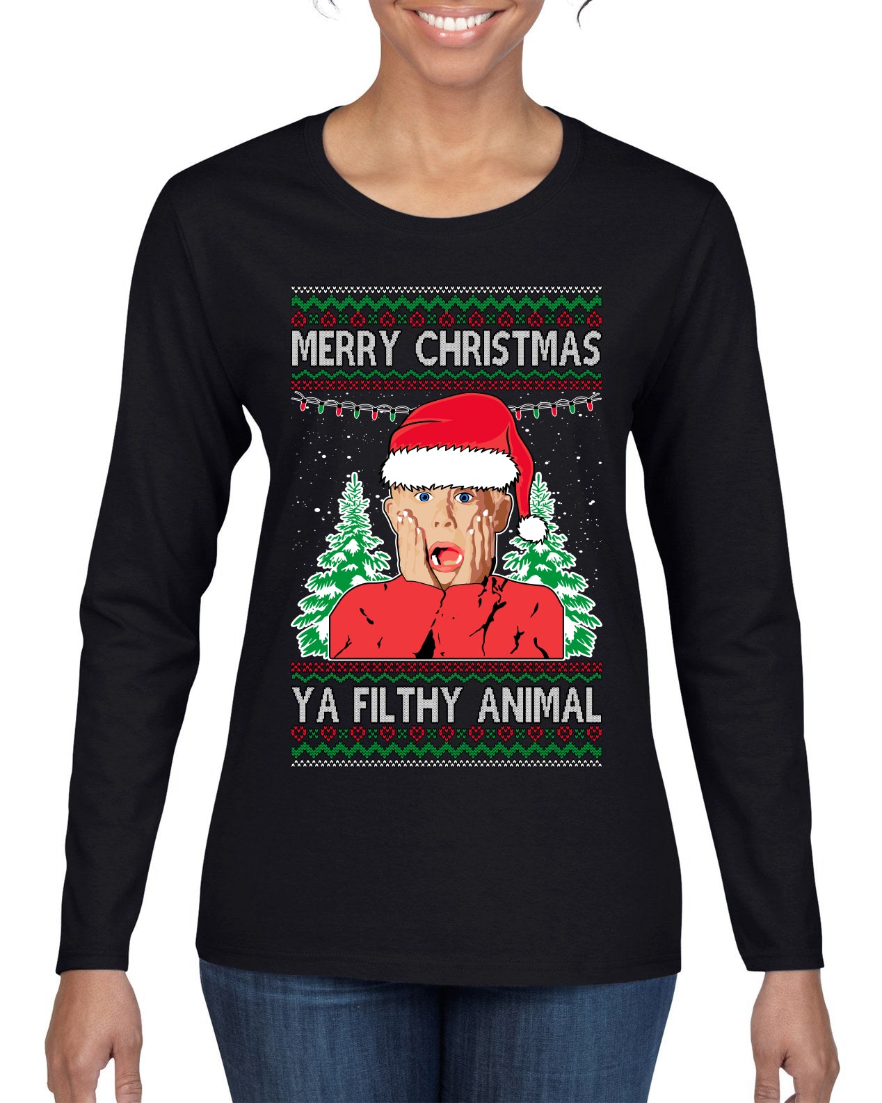 Filthy Animal Christmas Sweatshirt Kevin Movie Christmas Sweater, Ugly Christmas Sweater Unisex Crewneck Sweatshirt Ugly Christmas Sweater Womens Graphic Long Sleeve T-Shirt