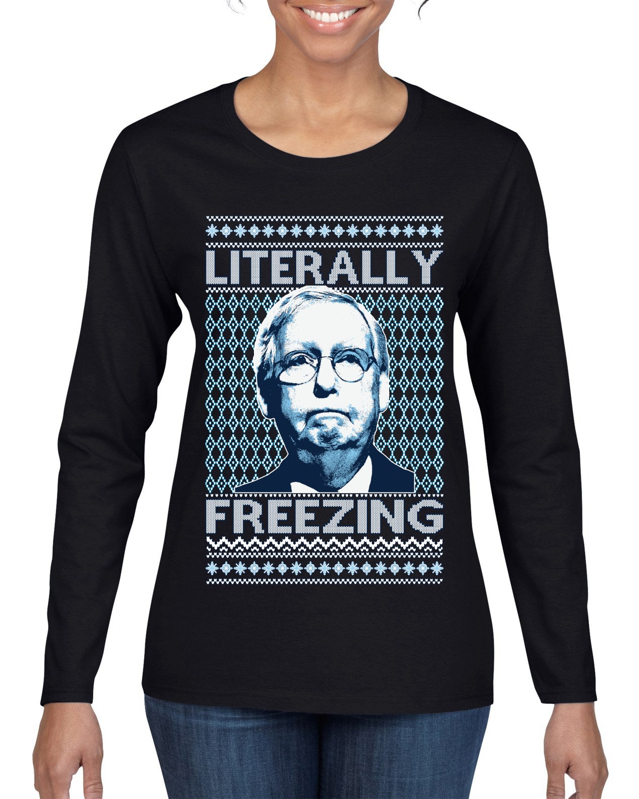 Literally Freezing McConnell , Merry Christmas Tee, Ugly Christmas,  Sweater Womens Graphic Long Sleeve T-Shirt
