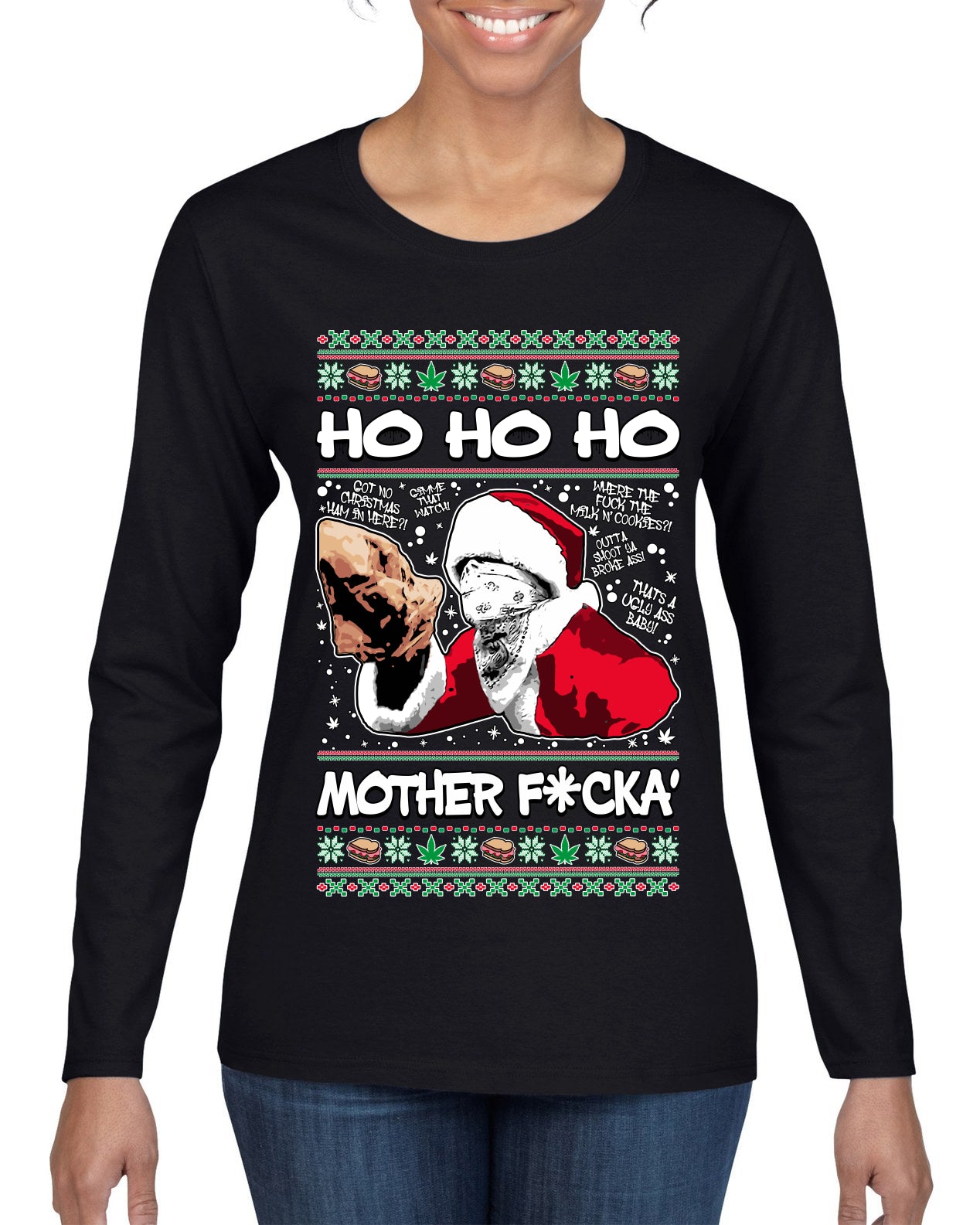 Friday Hood Santa , Merry Christmas Tee, Ugly Christmas,  Sweater Womens Graphic Long Sleeve T-Shirt