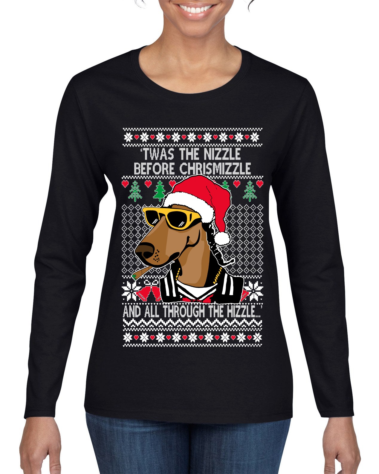 Twas The Nizzle Before Chrismizzle Gangster Dogg Rapper, Christmas Gifts, Funny Xmas Gift Idea, Ugly Christmas Sweater Womens Graphic Long Sleeve T-Shirt