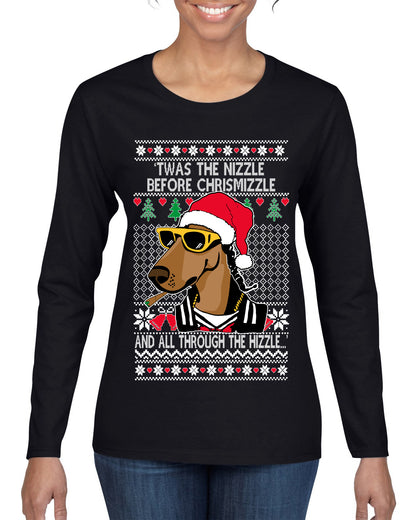 Twas The Nizzle Before Chrismizzle Gangster Dogg Rapper, Christmas Gifts, Funny Xmas Gift Idea, Ugly Christmas Sweater Womens Graphic Long Sleeve T-Shirt