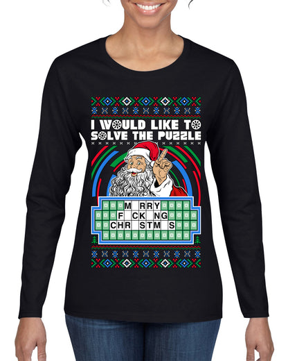 Santa Game Show I'd Like To Solve the Puzzle Wheel Ugly Christmas Sweater, Christmas Gifts, Funny Xmas Gift Idea, Womens Graphic Long Sleeve T-Shirt