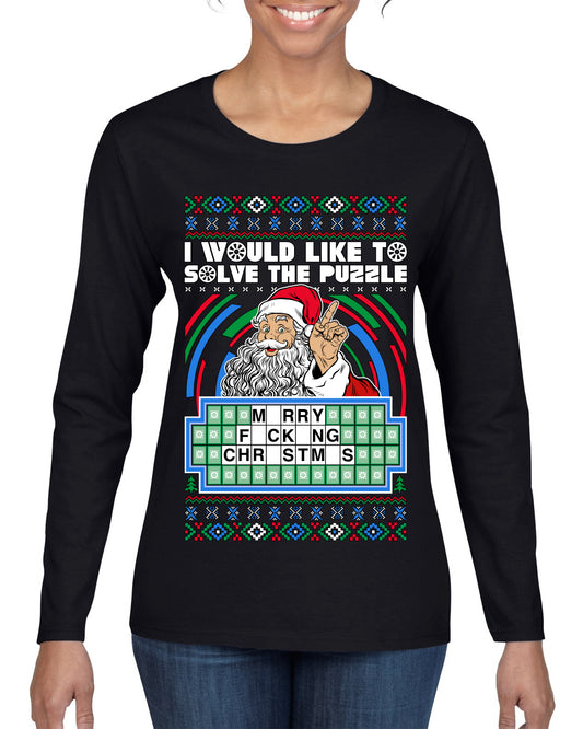 Santa Game Show I'd Like To Solve the Puzzle Wheel Ugly Christmas Sweater, Christmas Gifts, Funny Xmas Gift Idea, Womens Graphic Long Sleeve T-Shirt