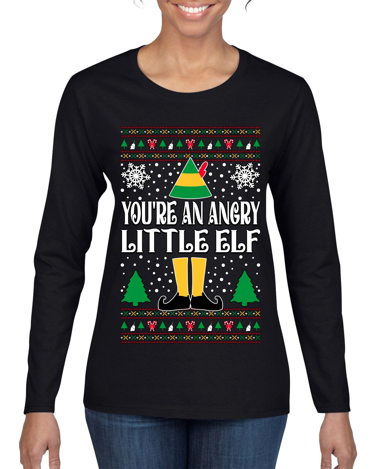 You're An Angry Little Elf Christmas Movie Quote, Christmas Gifts, Funny Xmas Gift Idea, Ugly Christmas Sweater Womens Graphic Long Sleeve T-Shirt