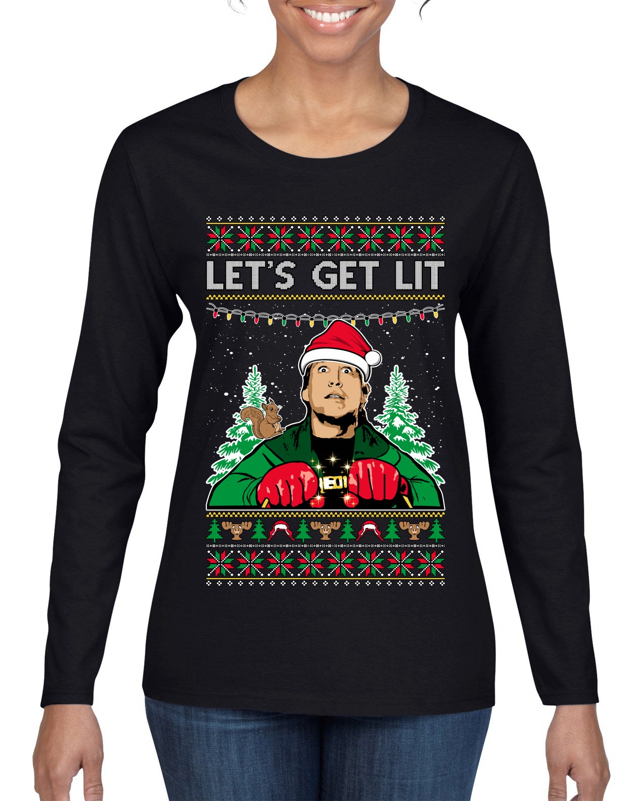 Let's Get Lit Clark Vacation Movie Parody Ugly Christmas Sweater, Christmas Gifts, Funny Xmas Gift Idea, Womens Graphic Long Sleeve T-Shirt