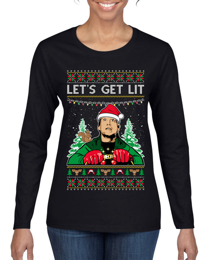 Let's Get Lit Clark Vacation Movie Parody Ugly Christmas Sweater, Christmas Gifts, Funny Xmas Gift Idea, Womens Graphic Long Sleeve T-Shirt