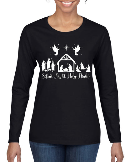 Silent Night Holy Night Religious Jesus Ugly Christmas Sweater, Christmas Gifts, Funny Xmas Gift Idea, Womens Graphic Long Sleeve T-Shirt