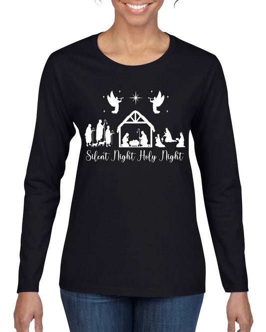 Silent Night Holy Night Religious Jesus Ugly Christmas Sweater, Christmas Gifts, Funny Xmas Gift Idea, Womens Graphic Long Sleeve T-Shirt