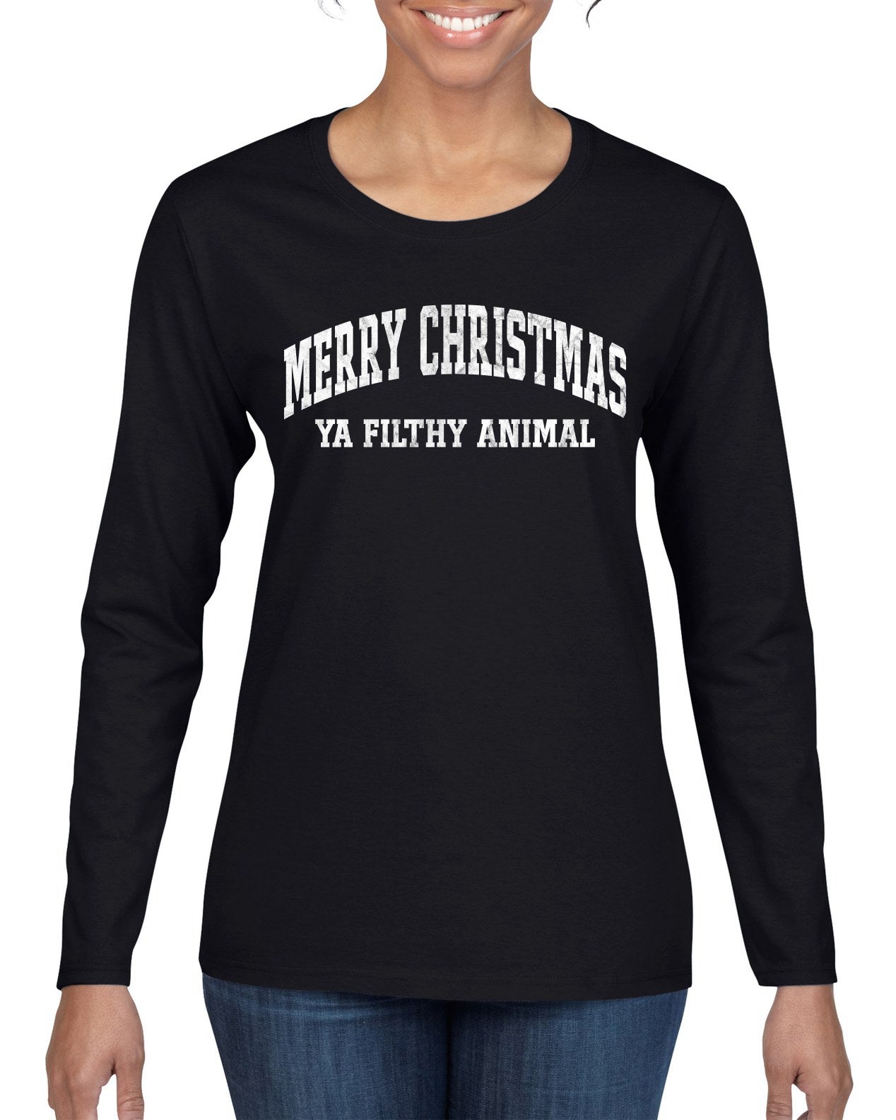 Vintage Movie Quote Merry Christmas Filthy Animal, Christmas Gifts, Funny Xmas Gift Idea, Ugly Christmas Sweater Womens Graphic Long Sleeve T-Shirt