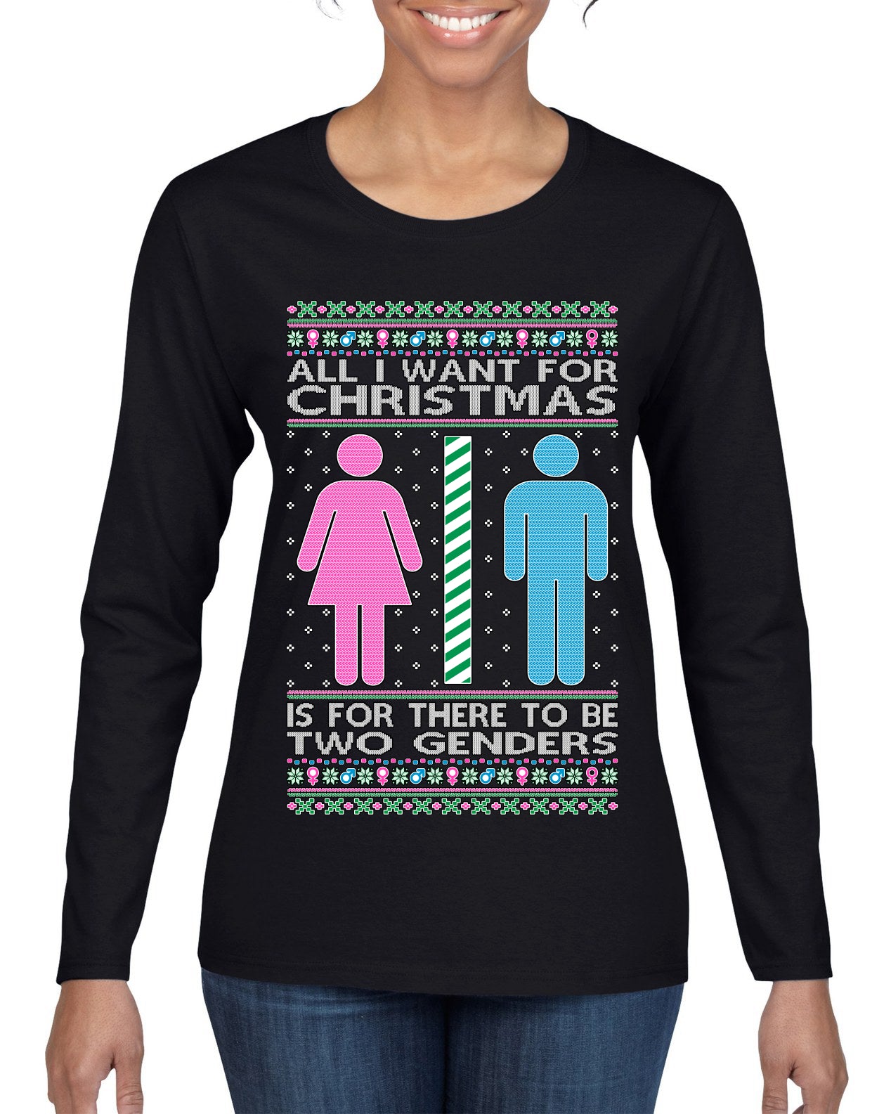 Two Genders For Christmas is All I Want, Christmas Gifts, Funny Xmas Gift Idea Ugly Christmas Sweater Womens Graphic Long Sleeve T-Shirt
